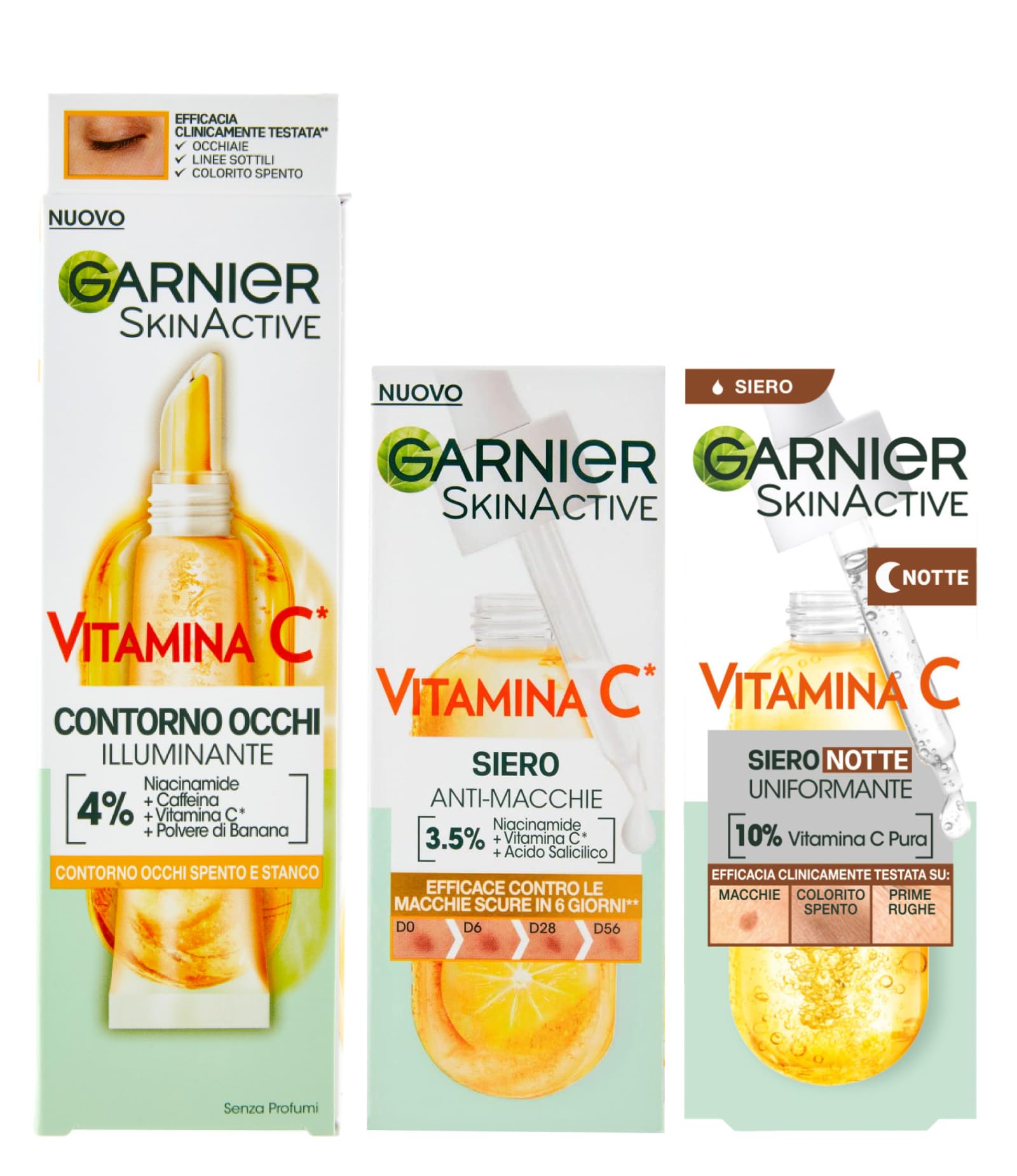 Garnier SkinActive Vitamina C Crema Contorno Occhi Illuminante per Occhi Spenti e Stanchi 15ml + Siero Viso Anti-Macchie Illuminante Antiossidante 30ml + Siero Viso Uniformante Notte 30ml - Set da 3