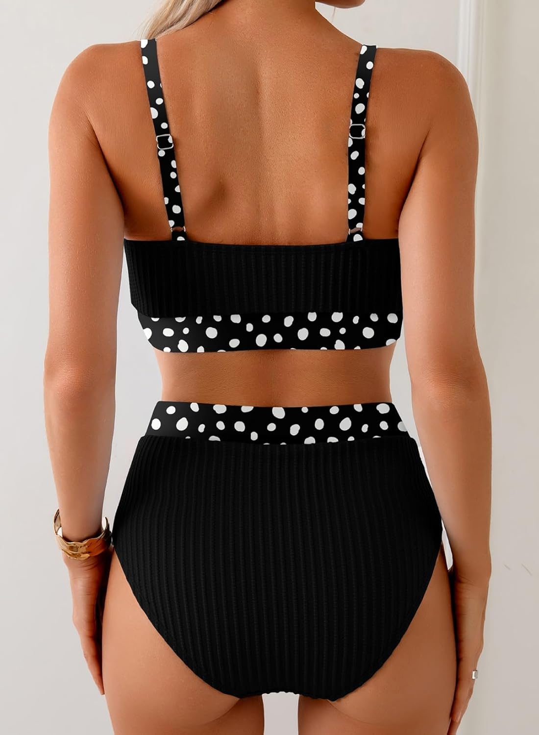 Herseas Women's Textured Bikini Sets Floral Print Trim Scoop Neck Swimsuits High Waisted Bathing Suits