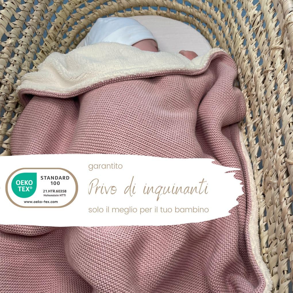 DIKOS Coperta invernale per neonati, di alta qualità, colore: rosa scuro, morbida coperta invernale per neonate, in cotone biologico e caldo pile (Oeko-Tex 100), regalo elegante per la nascita (rosa)