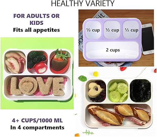 Miniatura 5 de Bento-Box con bolsa de almuerzo y bolsa de hielo. Contenedores para niños, niñas, adultos, aperitivos y almuerzos. 4 compartimentos, cajas de