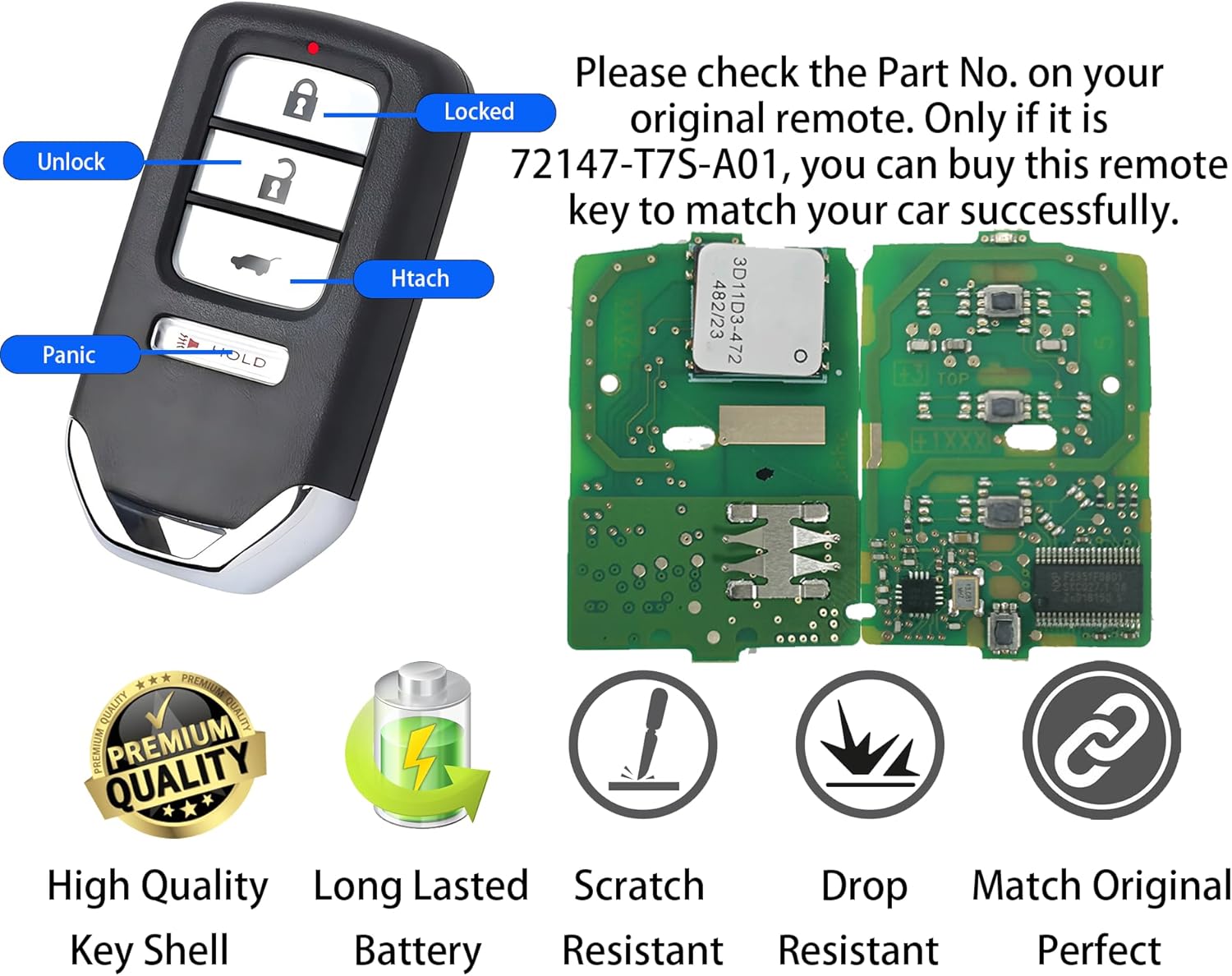 Smart Key Fob for Honda HR-V 2016-2021, Alliskeys Proximity Key Fob Replacement for Honda Fit 2018-2020 KR5V1X 72147-T7S-A01 A2C83161800