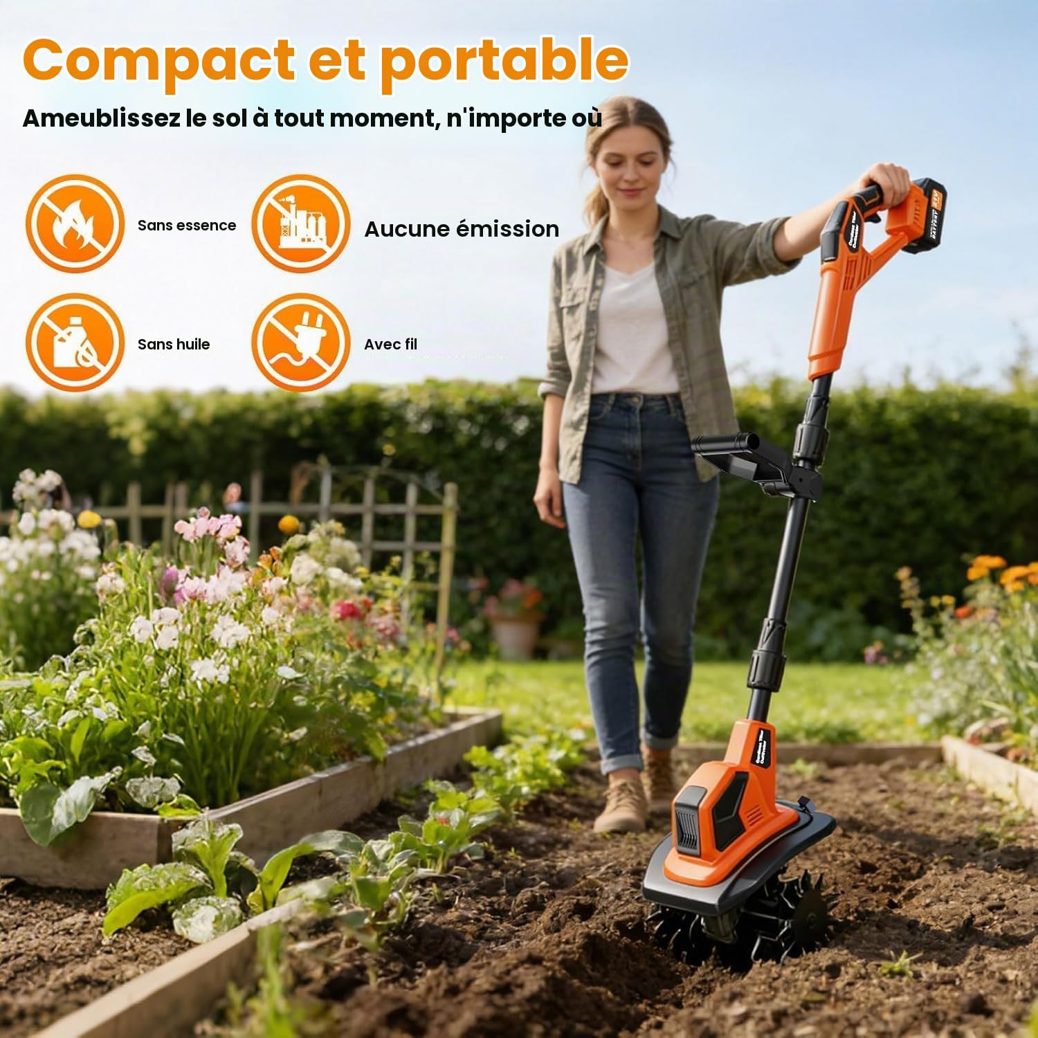 Motobineuse Electrique 21V, 600W Motoculteur électrique sans Balais avec 2 x 3,0 Ah Batteries, 400 TR/Min, Largeur Travail 23 cm, Profondeur 17 cm, Poignée Réglable, pour Pelouse Jardin Travaux du Sol