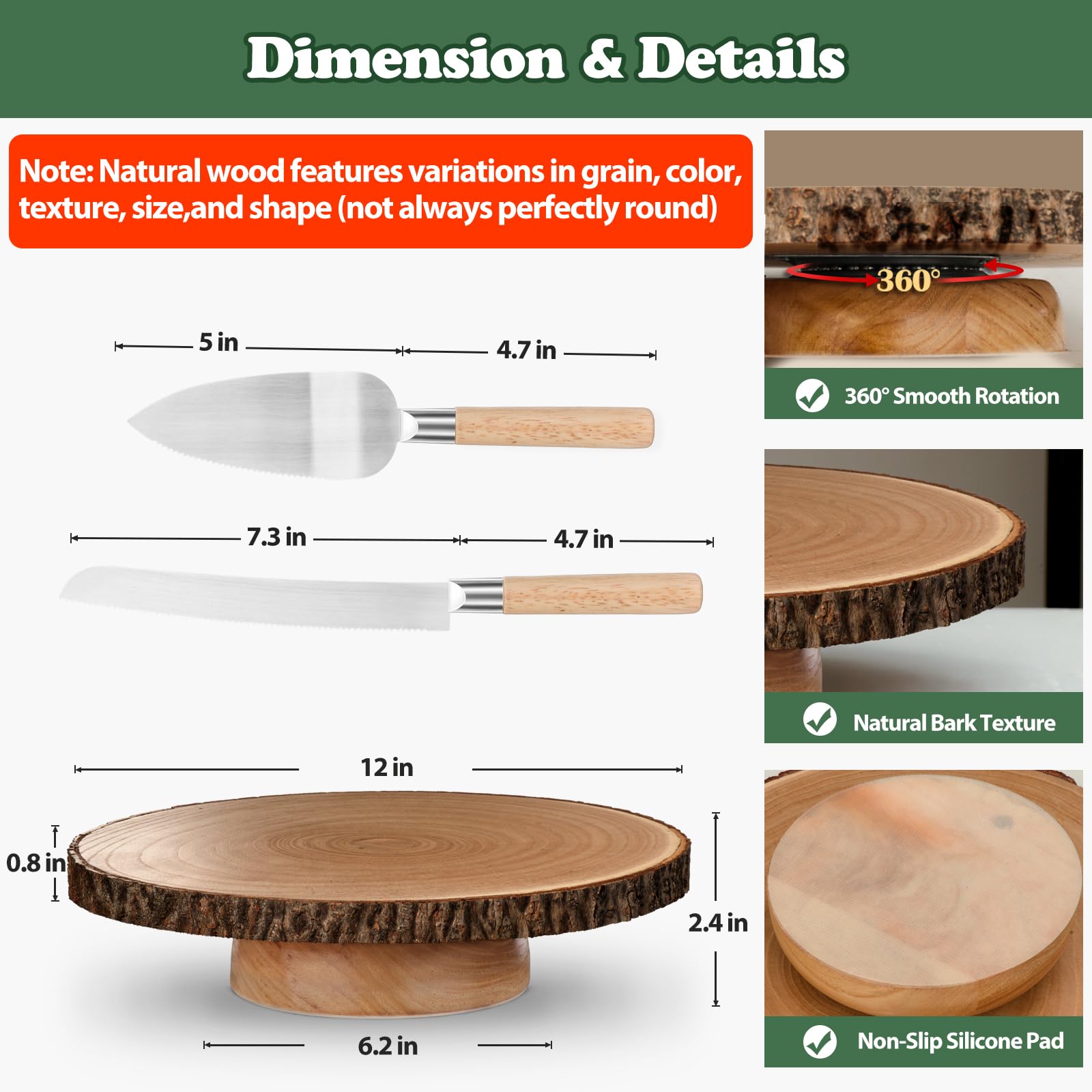 Soporte giratorio para tartas de madera de 12 pulgadas con juego de corte de pasteles, soportes de madera rústica para fiestas, bodas, regalos de horneado, eventos, decoración de pasteles