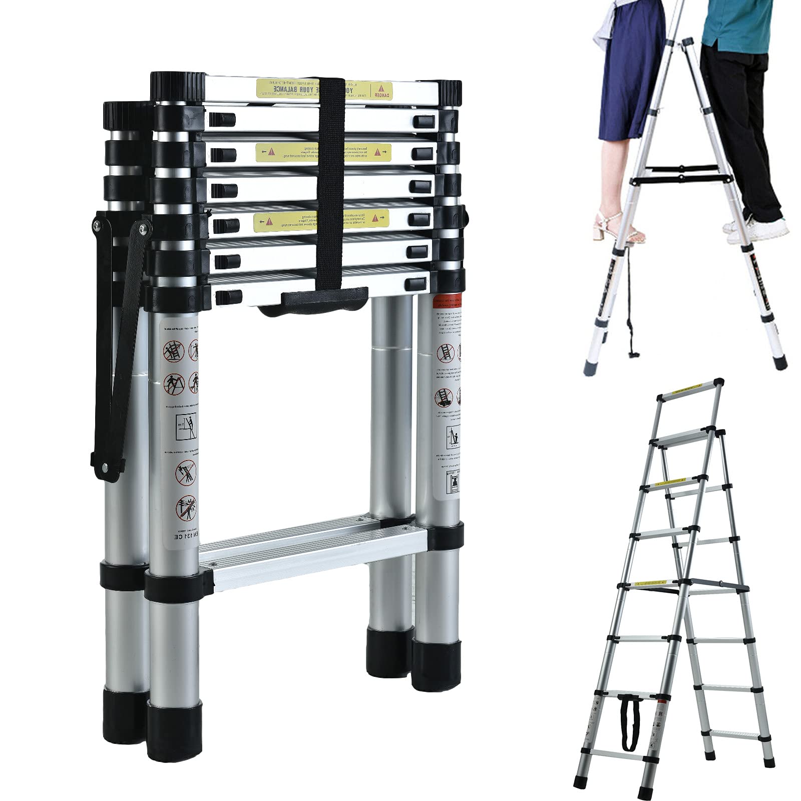 Xinng Light Foldable 6+7 Tread Ladder Aluminium Telescopic Step Ladders Safety Home Kitchen Office Garden Ladder Non Slip En131 Standard (7 Stepladder)
