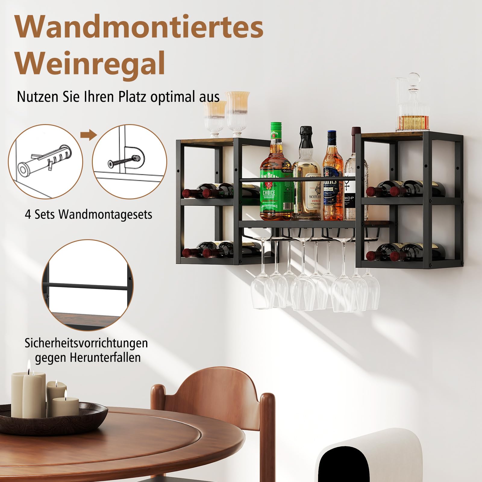 COSTWAY Regał ścienny na wino, regał na 8 butelek i 9 kieliszków do wina, regał ścienny, drewniany z metalową ramą, industrialny design, idealny do domu, baru, kuchni i restauracji