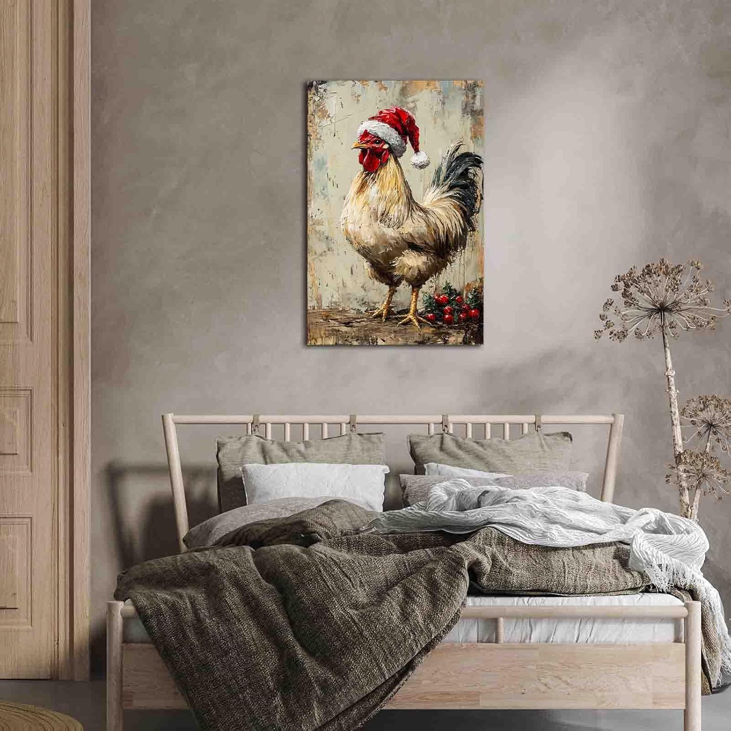Farmhouse Country Rooster Canvas Wall Art, Christmas Rustic Farm Animal Painting, Chicken Picture Wall Decor, Rooster Poster Prints for Kitchen Dining Room Decoration Wooden Frame 8x12 inch