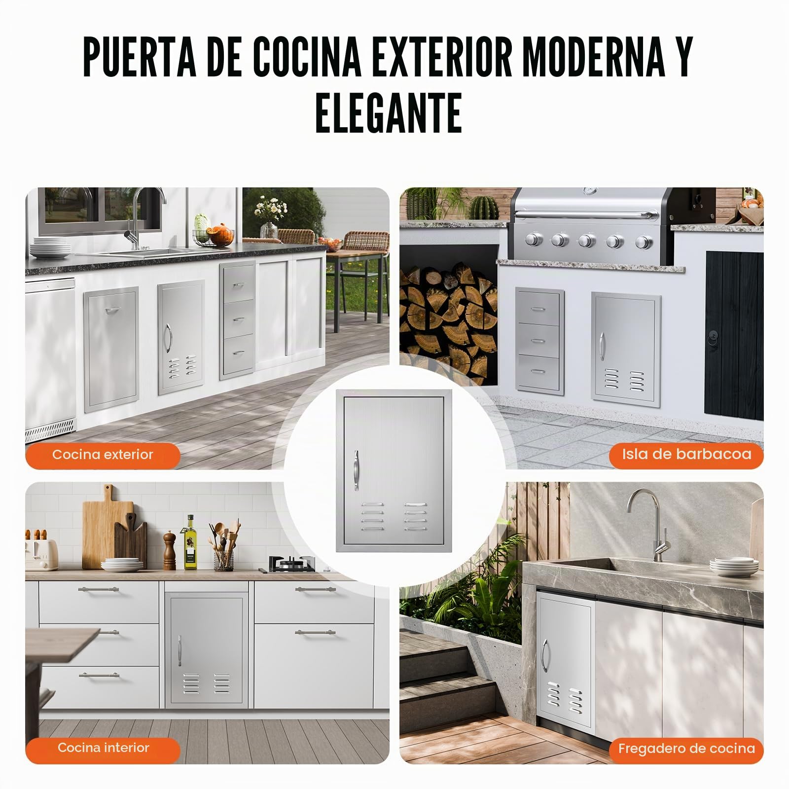 VEVOR - Puerta de acceso para barbacoa y cocina exterior, 610 x 431 x 45 mm, puerta empotrada en acero inoxidable, con asas, ventilaciones y ganchos, para isla de barbacoa, estación de