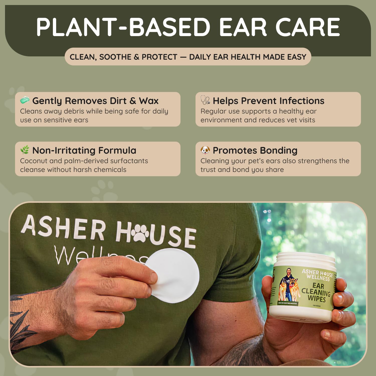 ASHER HOUSE WELLNESS Pet Ear Cleaning Wipes - Dog & Cat Plant-Based Ears Cleaner, Remove Wax & Dirt, Relieve Itch, Prevent Odor & Infection - Gentle for Pets Dogs Cats Over 12 Weeks, Made in USA - image 3