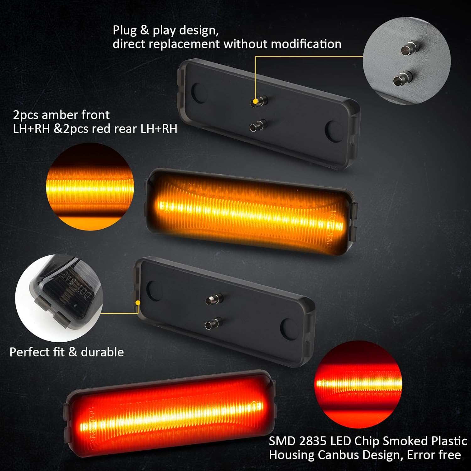 Bestview LED Dually Side Marker Lights for 1994-2002 Dodge Ram 2500 3500, Amber＆Red Front&Rear Wheel Bed Marker Bumper Fender Lamp Assembly Kit accessories，Smoke Lens (Pack of 4)