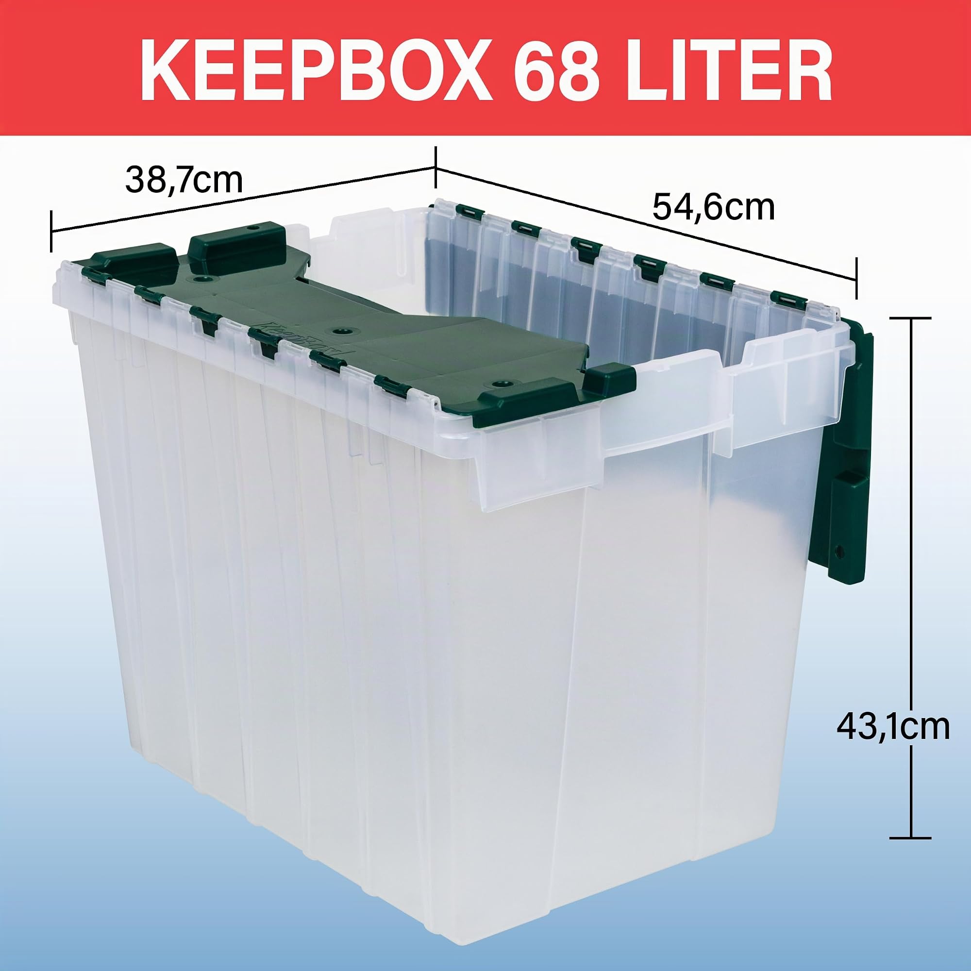Akro-Mils 66497 Aufbewahrungsbehälter KeepBox aus Kunststoff, stapelbar, 18 Gallonen, mit aufklappbarem Deckel, 21 Zoll L x 15 Zoll B x 17 Zoll H, transparent/grün