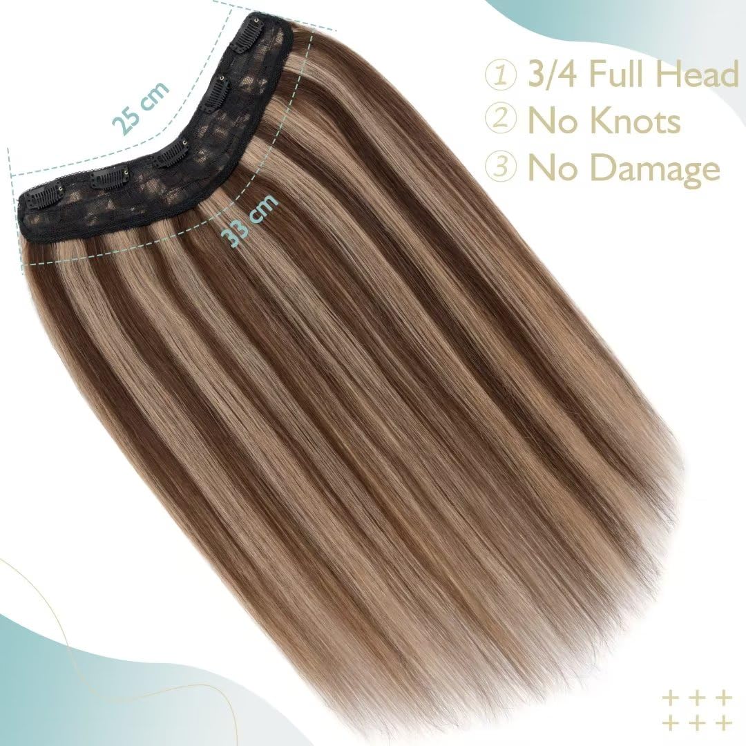 TESS Clip In Hair Extension 16 Inch,Hair Extensions Real Human Hair One Peice U-Shaped Balayage Straight Hairpieces for Women/Ladies/Girls(#4/27 Medium brown&Dark blonde,16Inch) - Image 3
