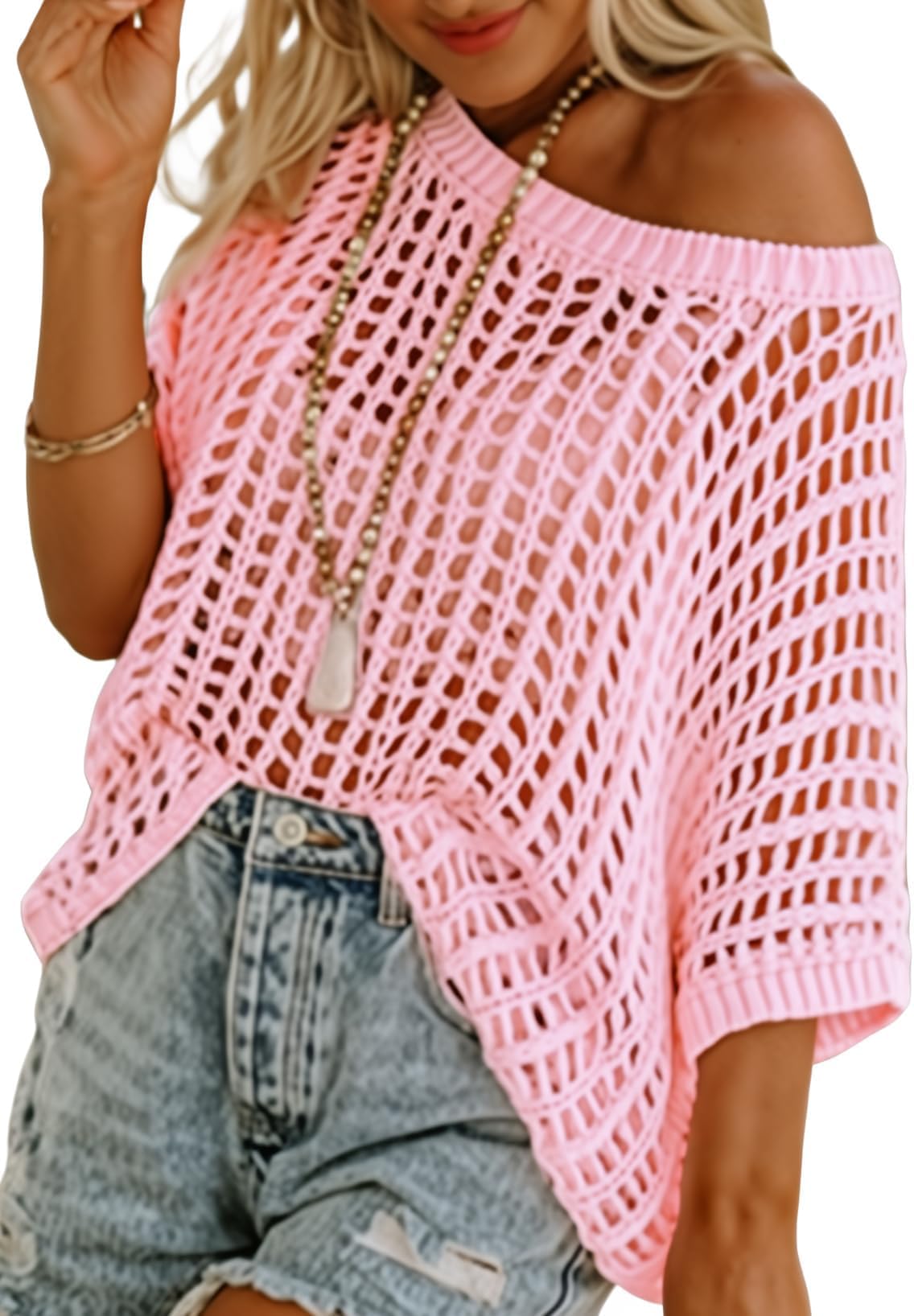 BUNSLOOM Strandkleid Damen Kurzarm Pullover Mode Aushöhlung Rundhals Strick Tops Cover Ups