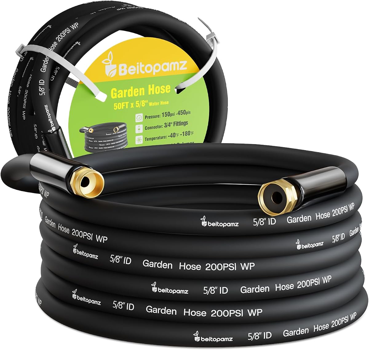 Garden Hose 50 ft x 5/8 in Heavy Duty Water Hose, Flexible and Durable, Lightweight Rubber Hybrid Hose, Leak-Free Connections, Male to Female 3/4'' Brass Fittings for Patio, Lawn, Black