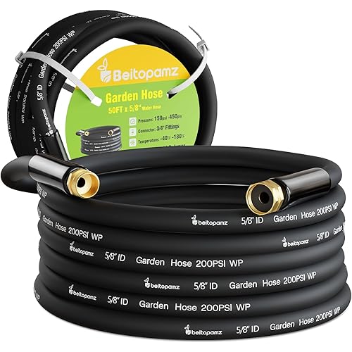 Garden Hose 50 ft x 5/8 in Heavy Duty Water Hose, Flexible and Durable, Lightweight Rubber Hybrid Hose, Leak-Free Connections, Male to Female Fittings, BT50B, Black
