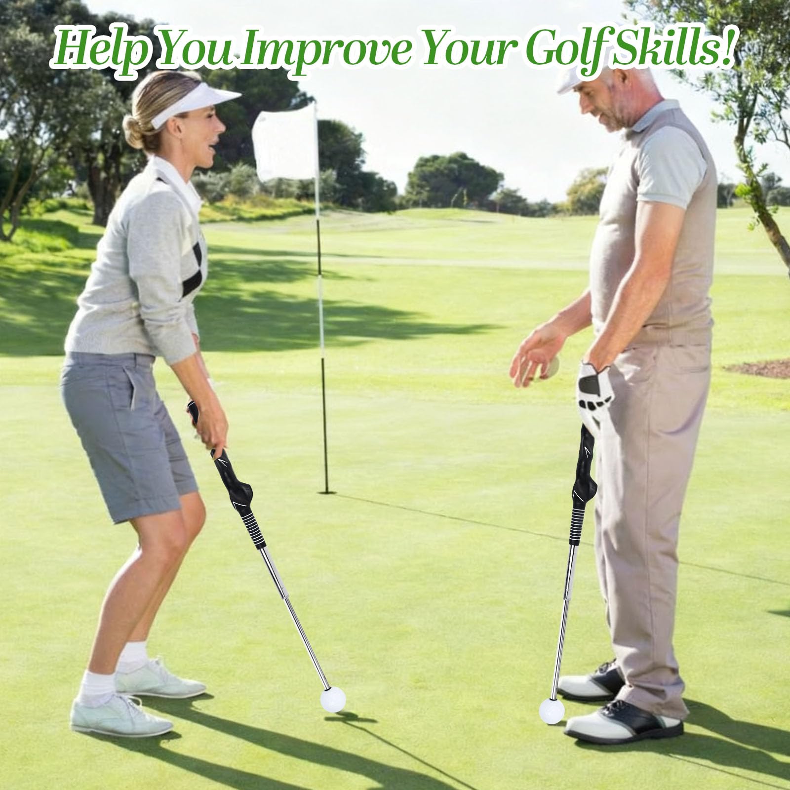 Bastoni Telescopici da Golf, Allenatore Telescopico Swing del Golf Asta Allenamento Golf Telescopico Inossidabile Bastone Golf con Fascia Elasticizzata e Pinza per Pallina da Golf