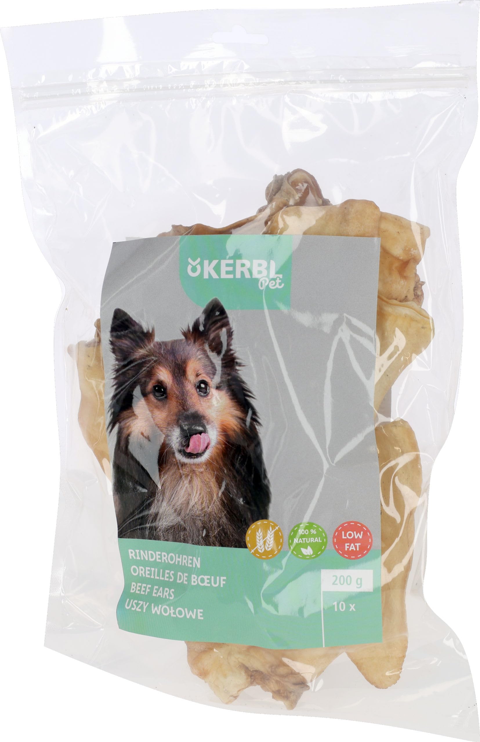 Kerbl Pet Orecchie di manzo, snack per cani, snack, confezione da 10, 200 g, masticabili naturali, per cani di tutte le razze, a basso contenuto di grassi, inodore