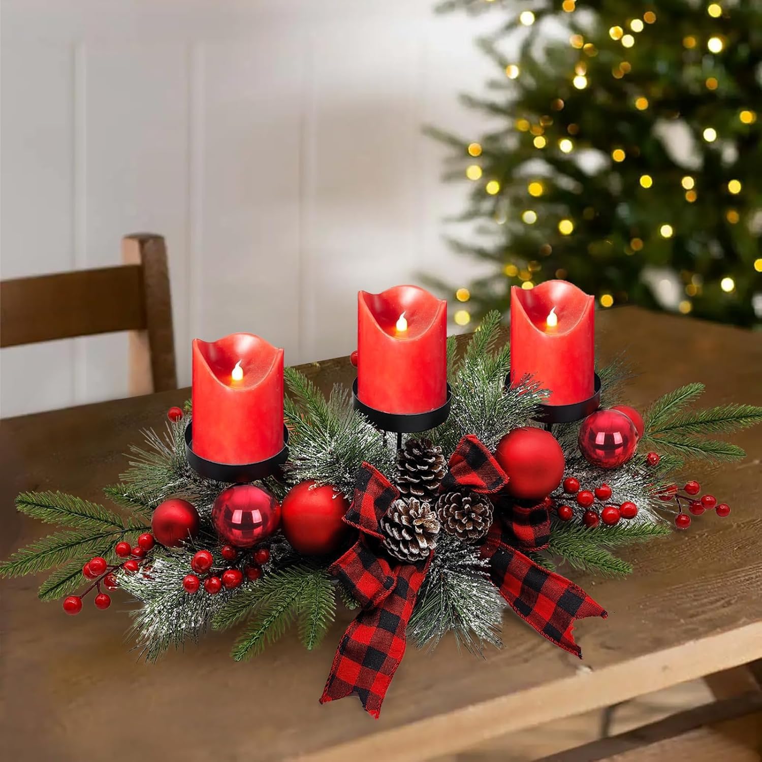 Taylor & Brown Christmas Table Decoration Tea Light Candle Holder Tealight Jar Three Section Festive Pinecones, Ornaments & Ribbon Centrepiece Décor Xmas Table Decorations (Classic Red)