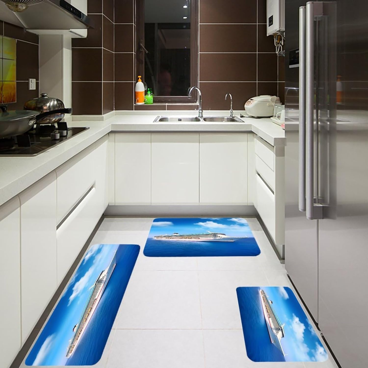 Cruise Ship Kitchen Mat Set of 3 Waterproof Floor Mats Non-Slip Kitchen Rugs Premium Flannel Rug Heavy Duty Standing Mat for Kitchen Home Bathroom Laundry