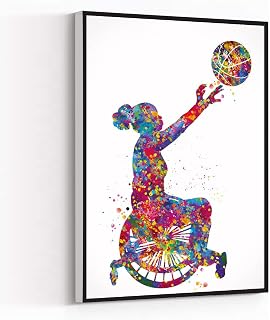 Wheelchair Basketball Girl Watercolor Print Female Woman Basketball Player Gift Wall Art Kids Gift Sports Handball Disability Gift Farmhouse Decor 8X12 Inch Framed Modern Canvas Wall Art