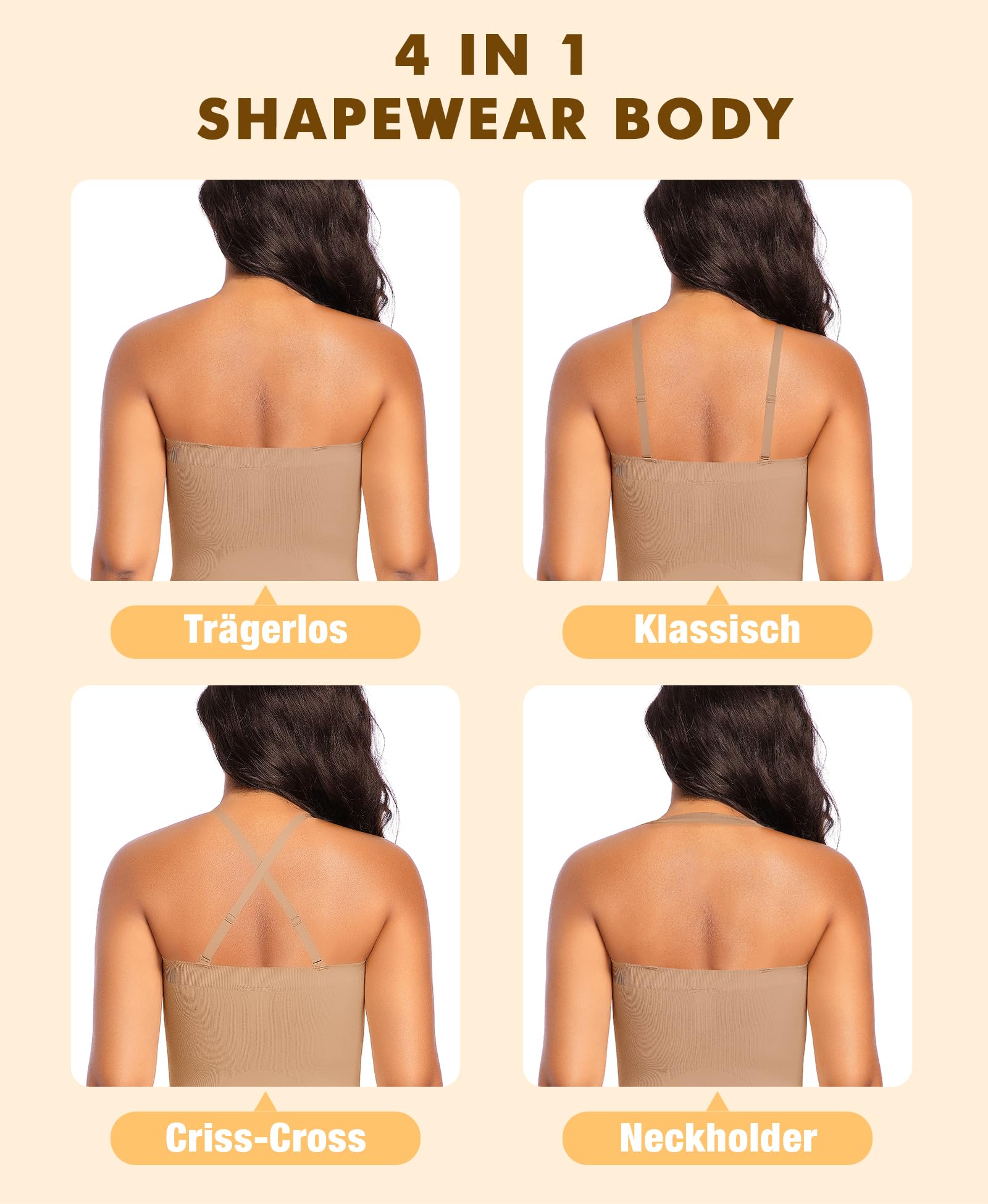 Werena Shapewear Damen Body Bauchweg Trägerlos – Nahtloser Miederbody Stark Formend, Figurformender Body Shaper Slip, Shaping Bodysuit mit 2 Paar Abnehmbaren Trägern