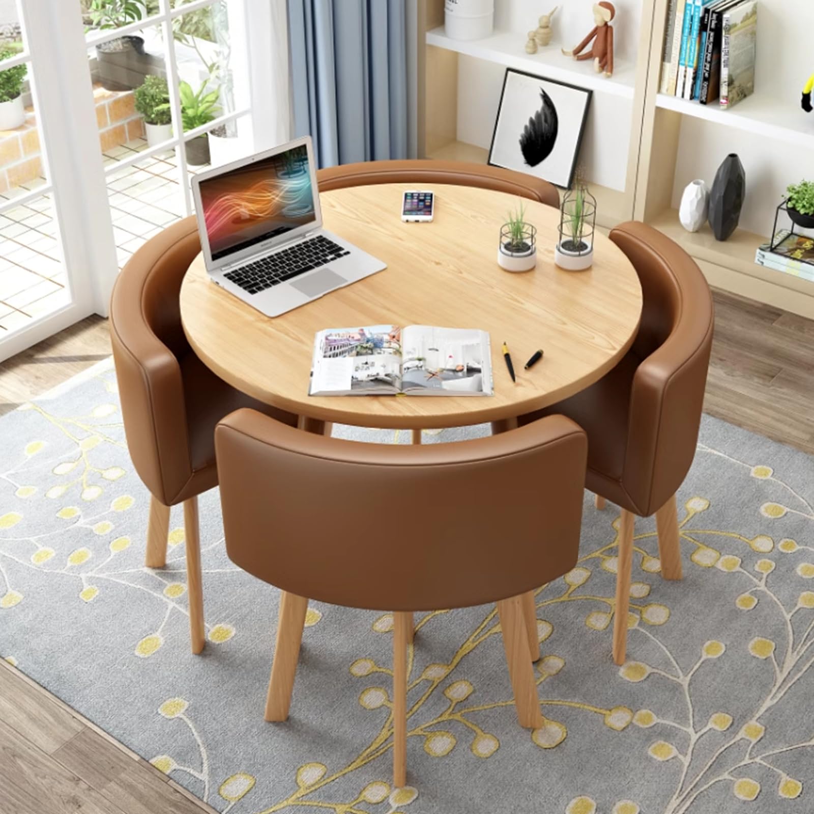 Round Kitchen Dining Table Set for 4, Space Saving Table and Chairs Set with Thick Tabletop 4 Upholstered Chairs, Dinning Room Modern Casual Coffee Table Set(D 31.5inch/80cm, PU Coffee)
