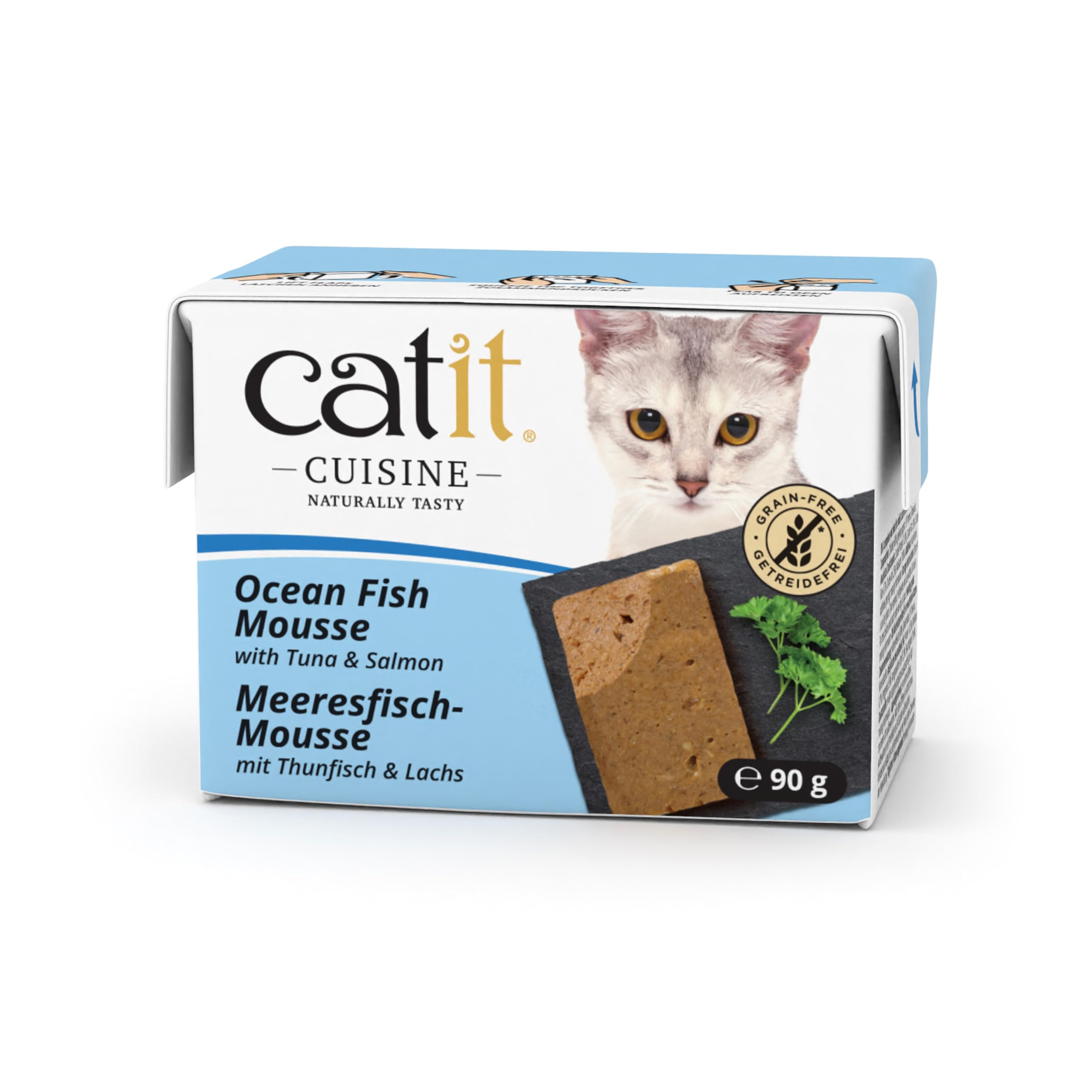 Catit Cuisine - Premium Nassfutter für Katzen - Mousse mit Meeresfisch mit Thunfisch und Lachs, Alleinfuttermittel, 90g, getreidefrei, hoher Fleischanteil