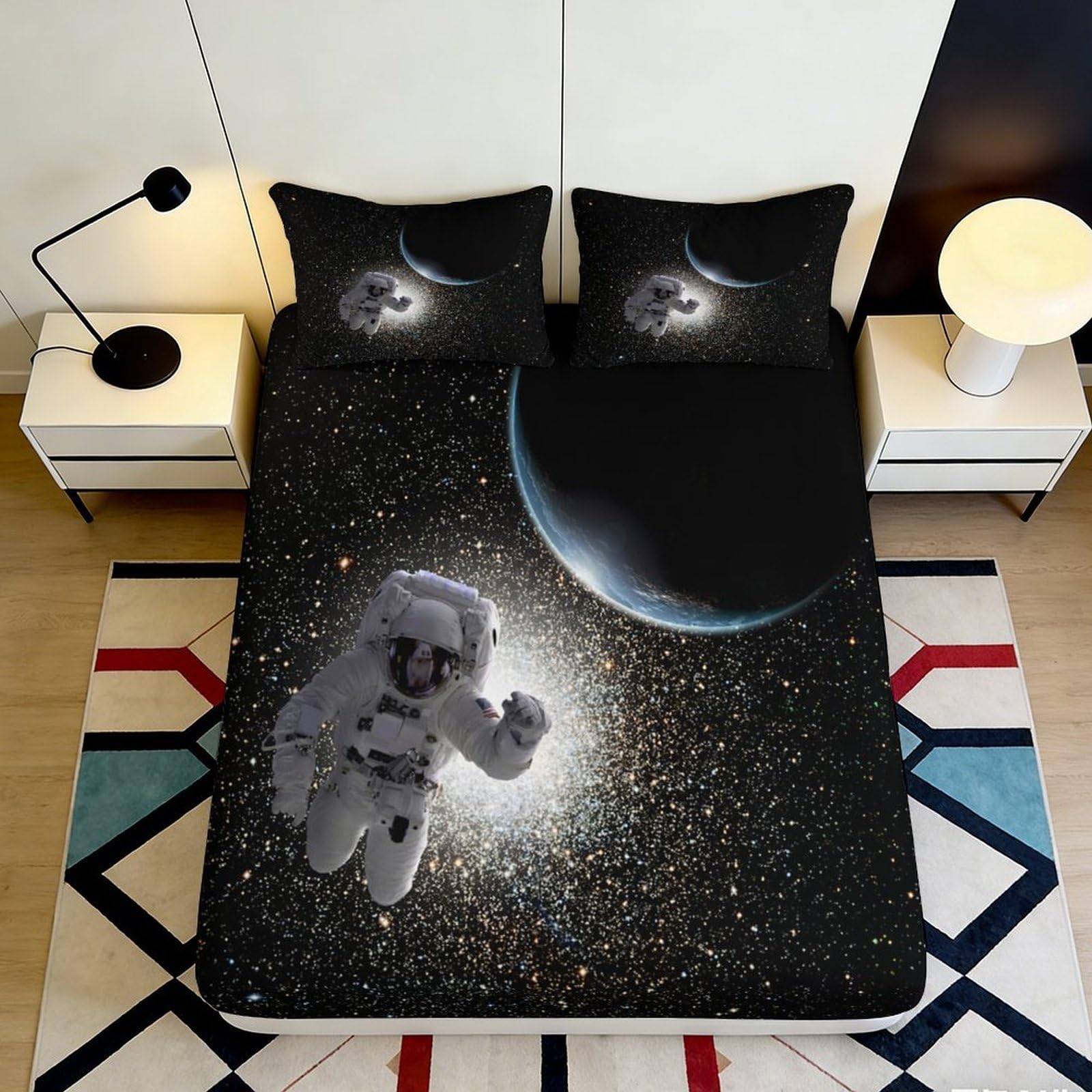 3D Printed Galaxy Starry Sky Fitted Sheet Microfiber Astronaut Space Mattress Cover Anti-Slip Washable Bedroom Decor 90x200x25cm