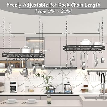 33” Hanging Pot Rack Ceiling Mount, Black Metal Pan Rack with 15 Adjustable Hooks, Oval Pots and Pans Hanging Rack, Kitchen Cookware Utensils