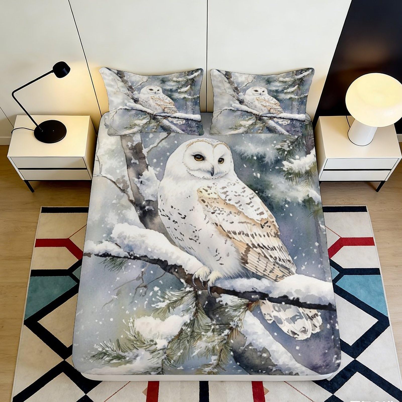 Jqzkxnhpbr Style-2 3D Printed Snowy Owl Fitted Sheet Microfiber Soft Animal Forest Bed Cover For Bedroom Dorm Mattress Protection Decor 90X200x25cm