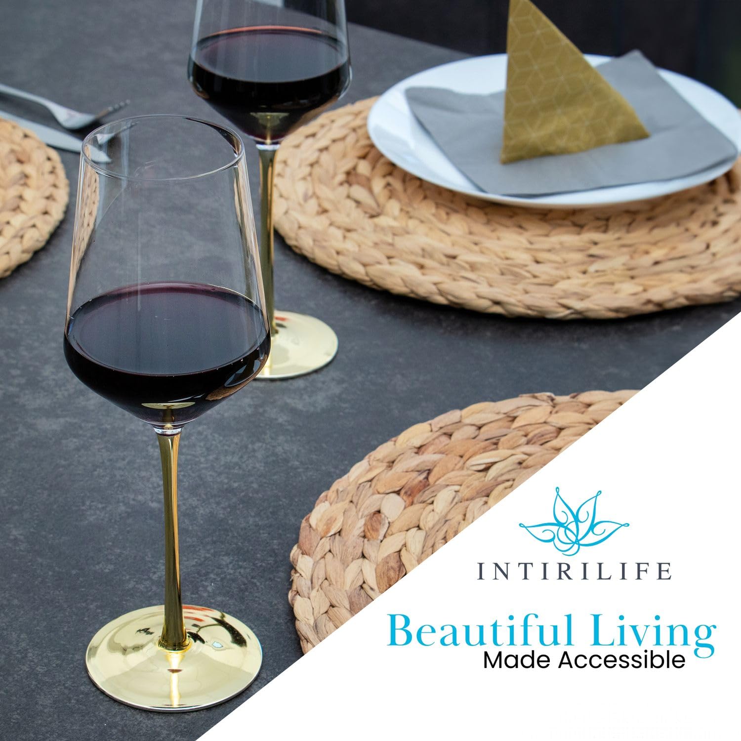 INTIRILIFE 6x Wein Glas mit goldfarbenem Stiel - 380 ml Füllmenge - Rotwein Weißwein Glas Kelch Kristallglas stoßfest