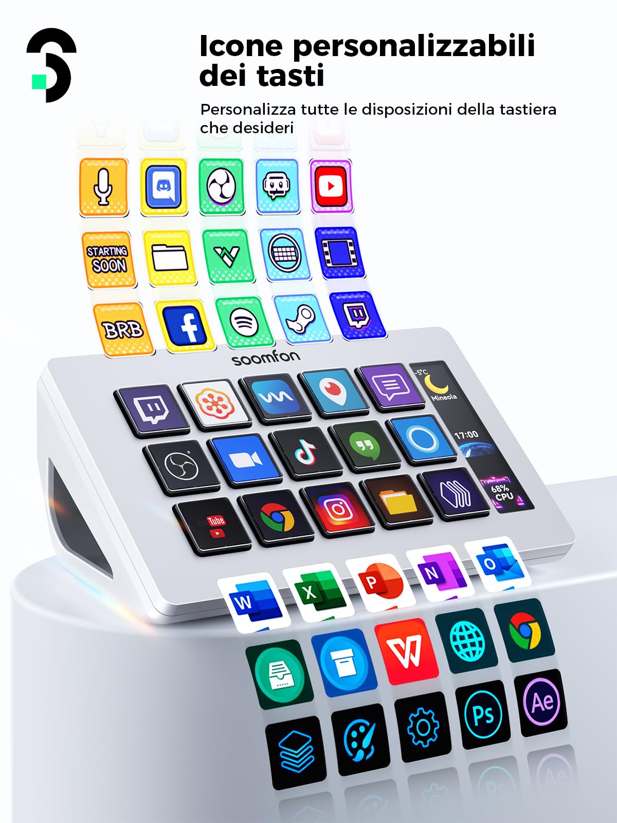 SOOMFON Stream Controller Deck Bianco, Aggiornata con 15 Macro Pulsanti LCD Personalizzabili per Attivare Azioni in OBS, Twitch, YouTube, per Live-Streaming, Editing di Foto e Video