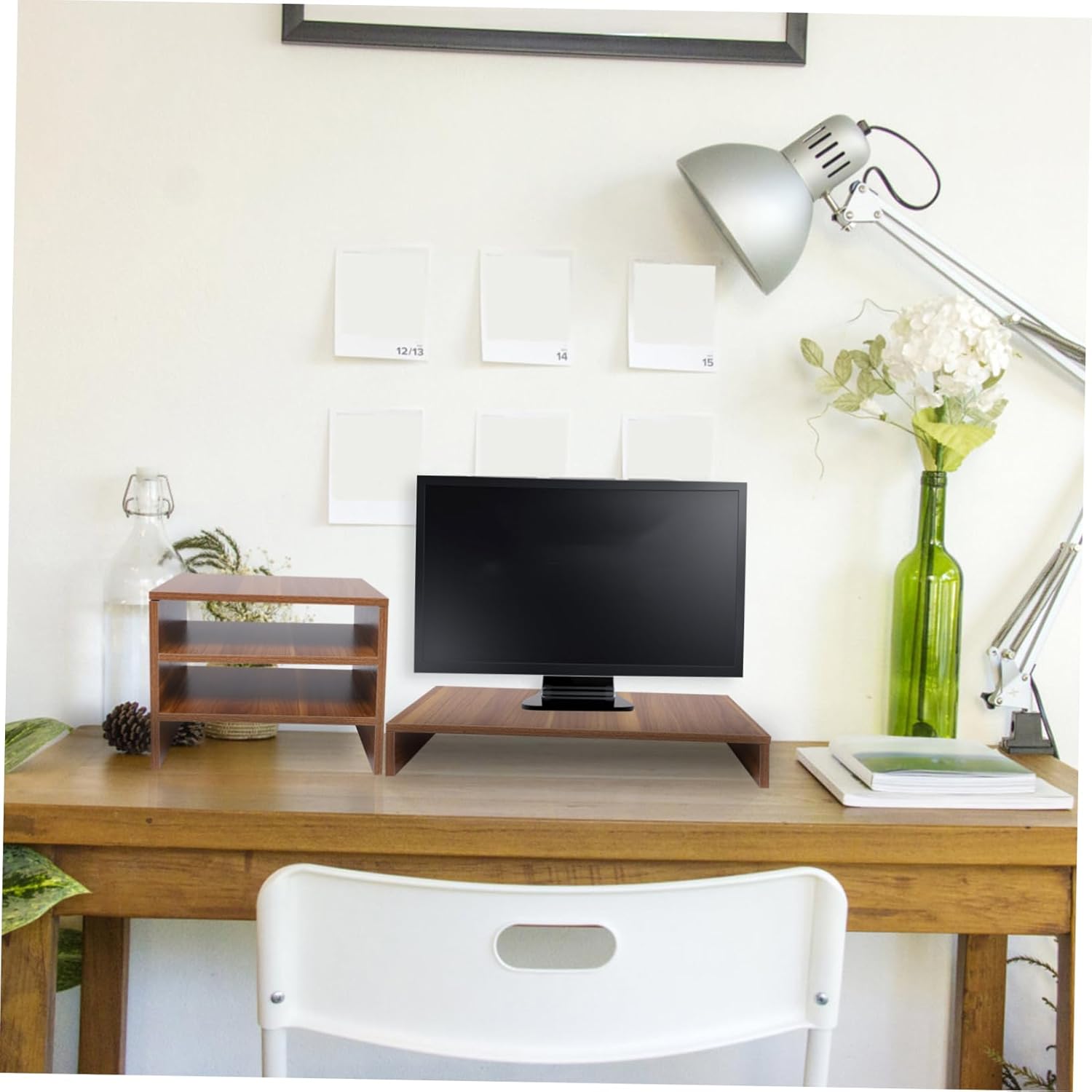 TEHAUX Computer Monitor Riser Stand for Desk Adjustable Storage Rack Organizer Wood Monitor Frame for Home Office Space-Saving Design