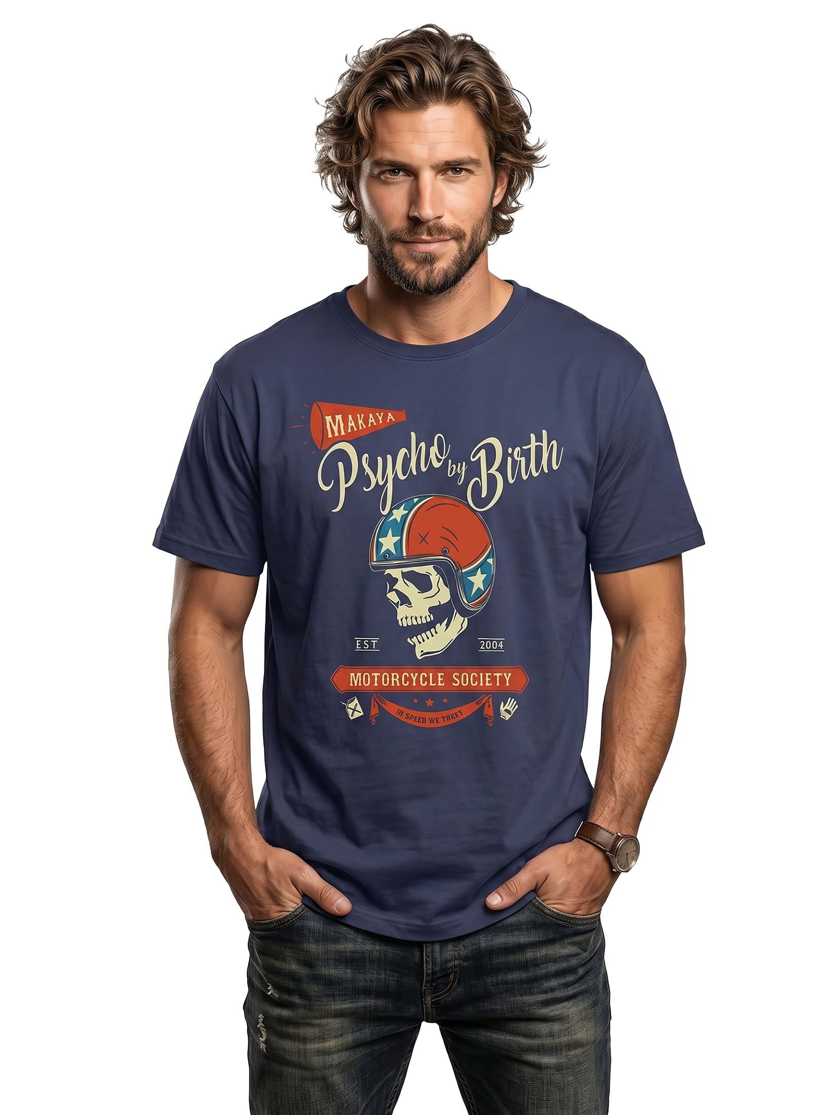 MAKAYA Camisetas Motorcycle Hombre - Psycho by Birth - T-Shirt Skull Calavera con Casco Moto Jet