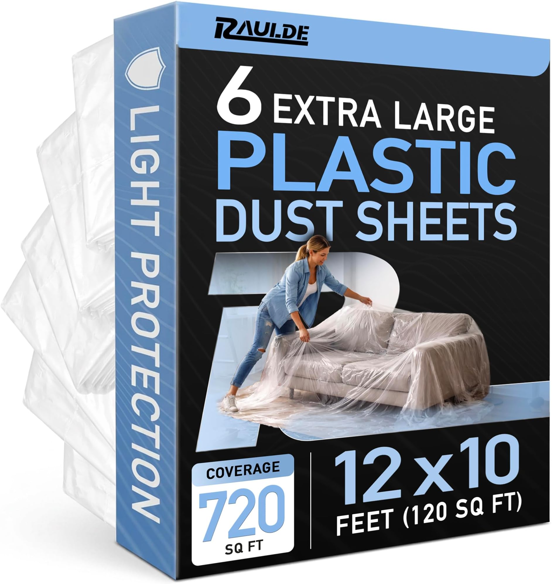 Raulde 6 Pack Extra Large Plastic Dust Sheets for Decorating 3.6 x 3m (12 x 10ft), Light Dust Sheet for Painting & Furniture - Plastic Sheet - Plastic Sheeting - Decorating Sheets - Dust Cover