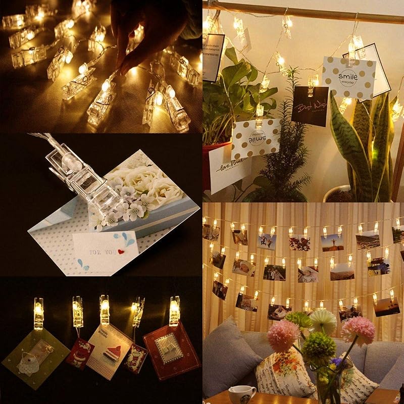 Adurei LED Fotócsipesz Fényfüzér 5m - 50 LED Meleg Fehér Világítás, Távirányítós, Elemes, 8 Fénymód, Bel- és Kültéri Használatra, Vízálló