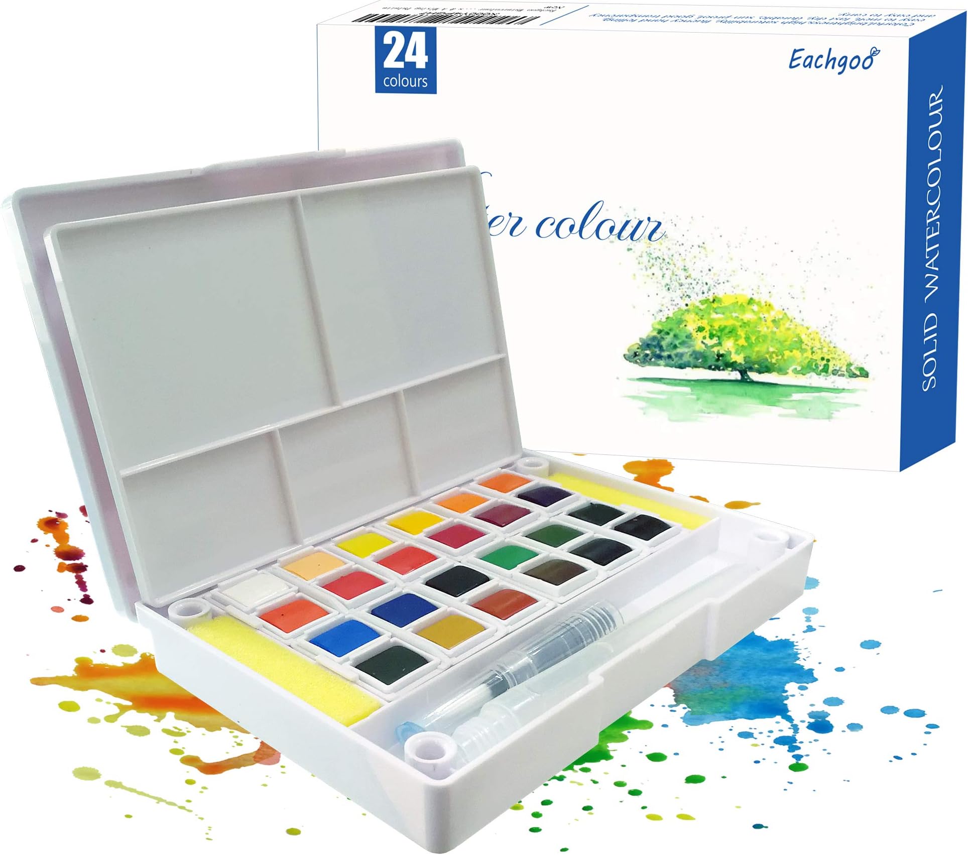 Eachgoo Watercolour Paint Set,24 Colors Travel Pocket Watercolor Kit Includes A Water Brush & 2 Sponges & A Mixing Palette