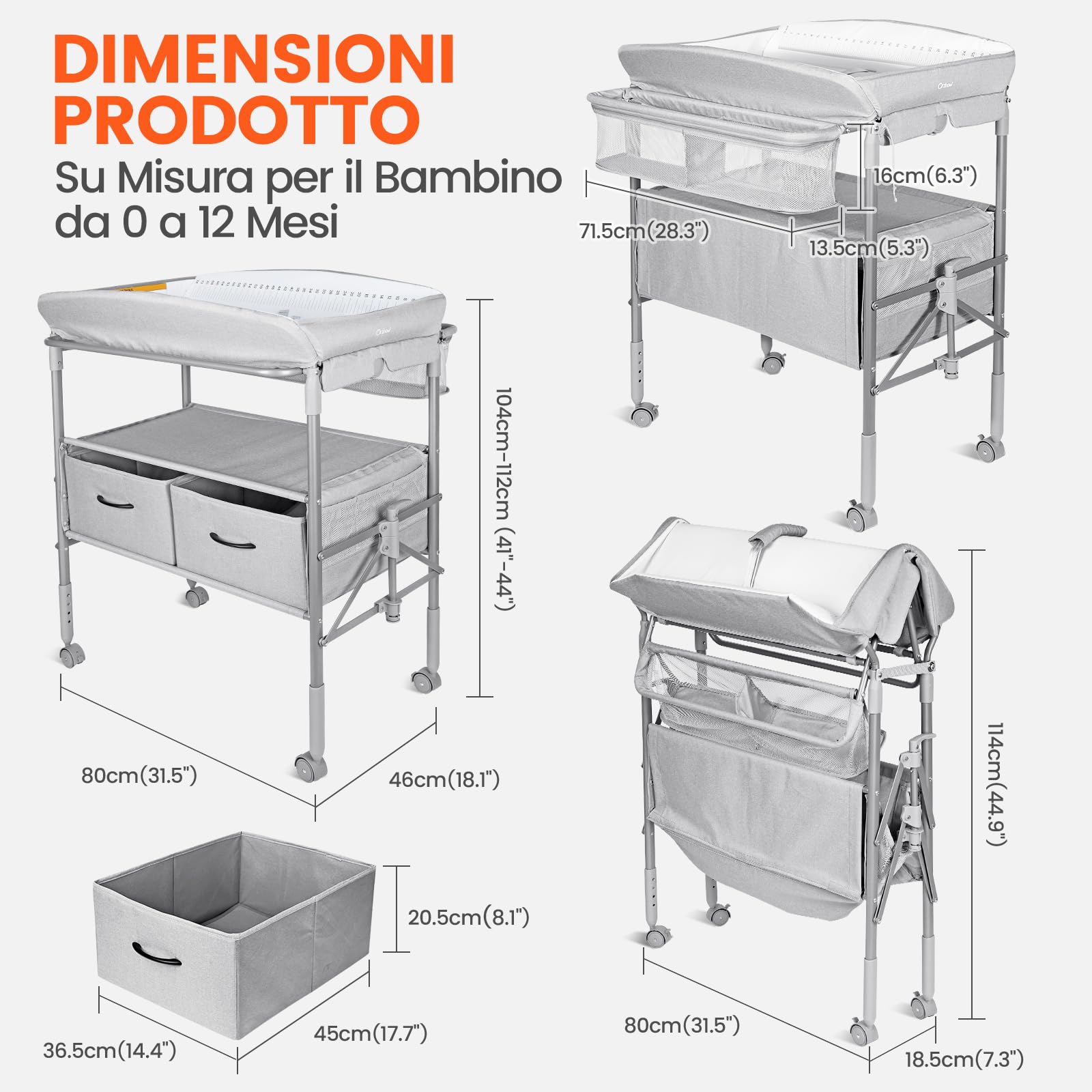 Orzbow Fasciatoio Neonato con Cassetto e Luce Notturna, Fasciatoio Pieghevole con Cinghia di Sicurezza e Regolabile in Altezza, Ampio Spazio di Archiviazione, Mobile Fasciatoio Neonato, Grigio