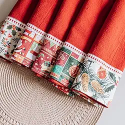 Kit 3 Panos de Prato Natalino Vermelho com Borda Decorativa, Tecido pé de galinha, resistente e de alta absorção