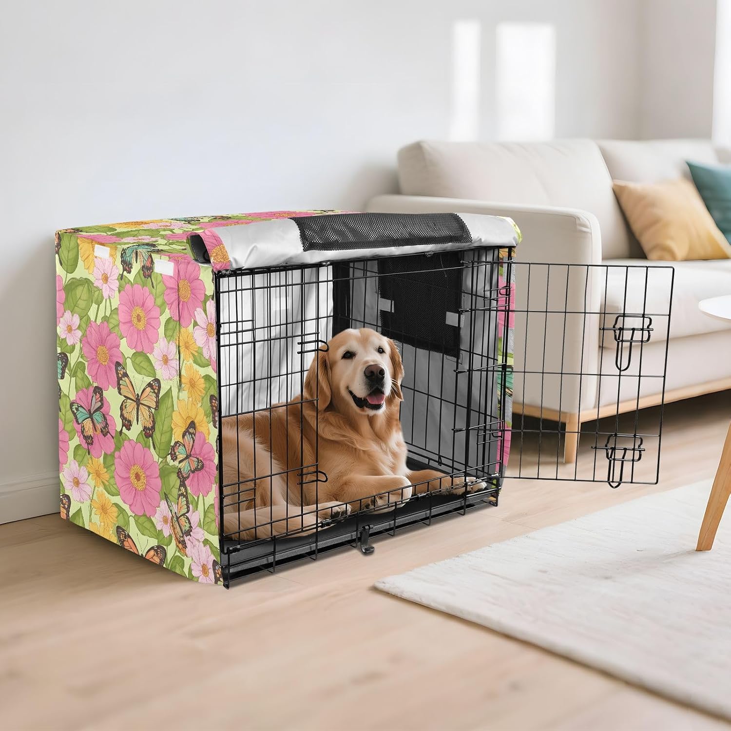 Butterflies and Flowers Dog Crate Cover 600D Oxford Pet Kennel Cover with Mesh Window for Dog Cages, Windproof Waterproof Machine Washable, 42"x28"x30"