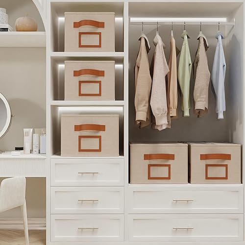 Miniatura 5 de OUTBROS Caja de almacenamiento plegable para estantes, cestas de tela de 15.7 x 11.8 x 7.9 pulgadas, organizador de armario con asas, adecuado para