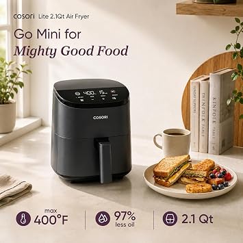 Cosori Lite 2.1 Qt Small Air Fryer, Max 400F, 4-in-1, 97% less oil, Gray | Ideal for dorms, apartment, RVs, Quiet, Touch control, Air Fry, Bake, Roast, Reheat, Nonstick inner, Dishwasher-Safe Basket