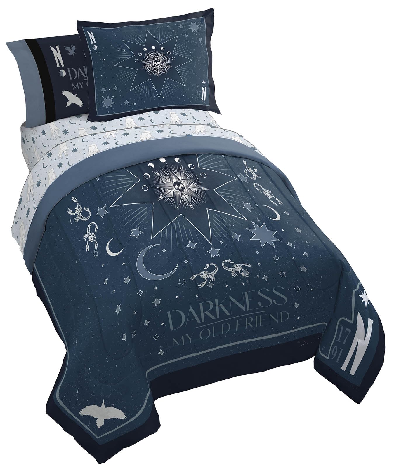 Jay Franco Wednesday Addams Full Size Comforter Set - 7 Piece Bedding Includes Sheet Set & Pillow Covers - Blue Stars Super Soft Cozy Bedding