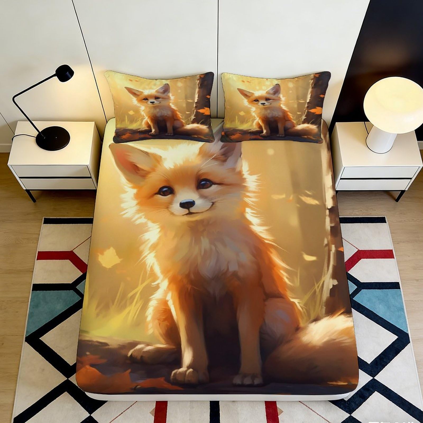 3D Printed Fox Forest Fitted Sheet Microfiber Soft Breathable Autumn Leaves Bed Cover for Bedroom Dorm Decor 90x200x25cm