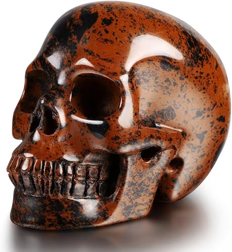 Miniatura 7 de Skullis Cabeza de calavera de cristal de obsidiana de caoba de 2.0 pulgadas. Escultura de arte fino de piedras preciosas talladas a mano, estatua de