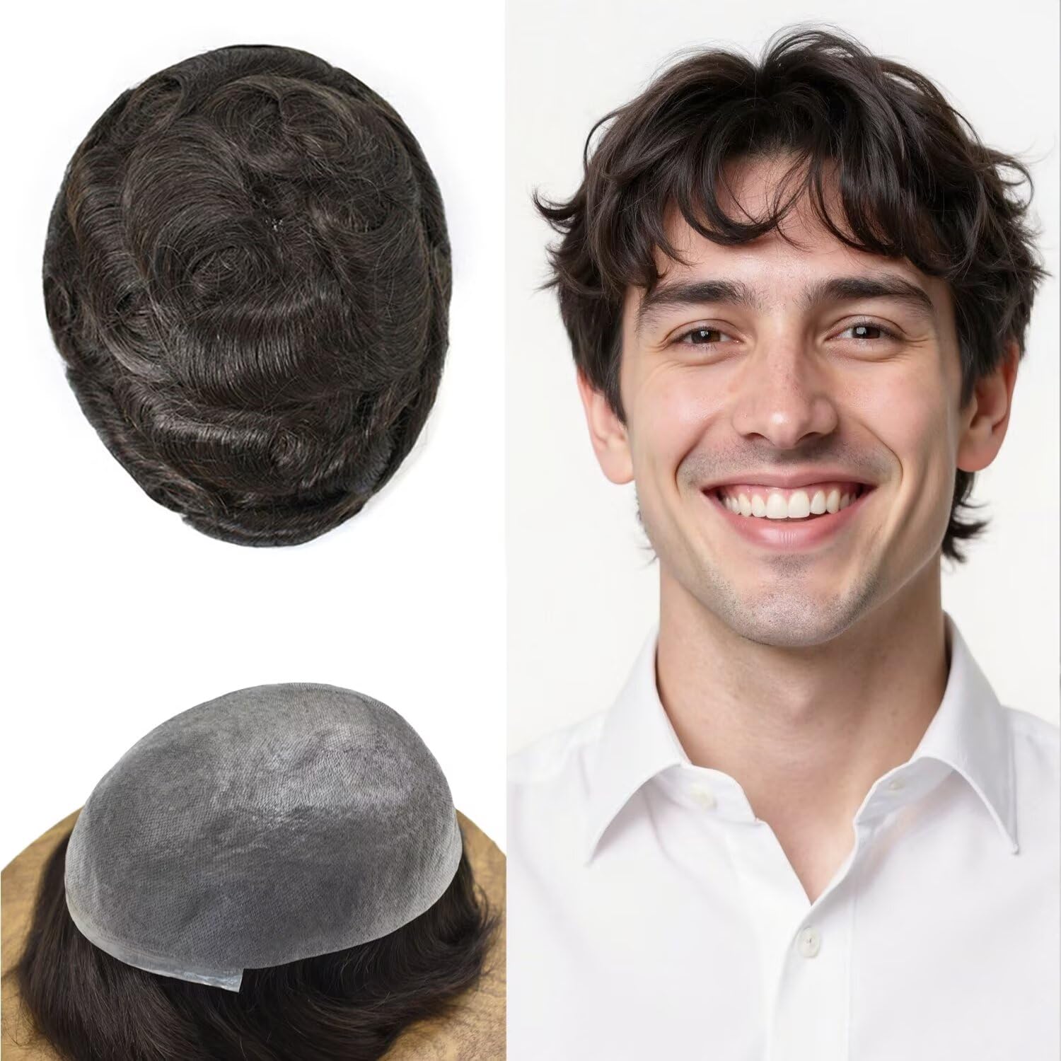 Photo 1 of FNY HAIR Men's Toupee Hair Piece 0.04mm Ultra Thin Skin PU Toupee for Men,All V-Looped PU Male Hair System, Indian Remy Human Hair Unit 2# DARKEST BROWN 8X10-100% Light Density