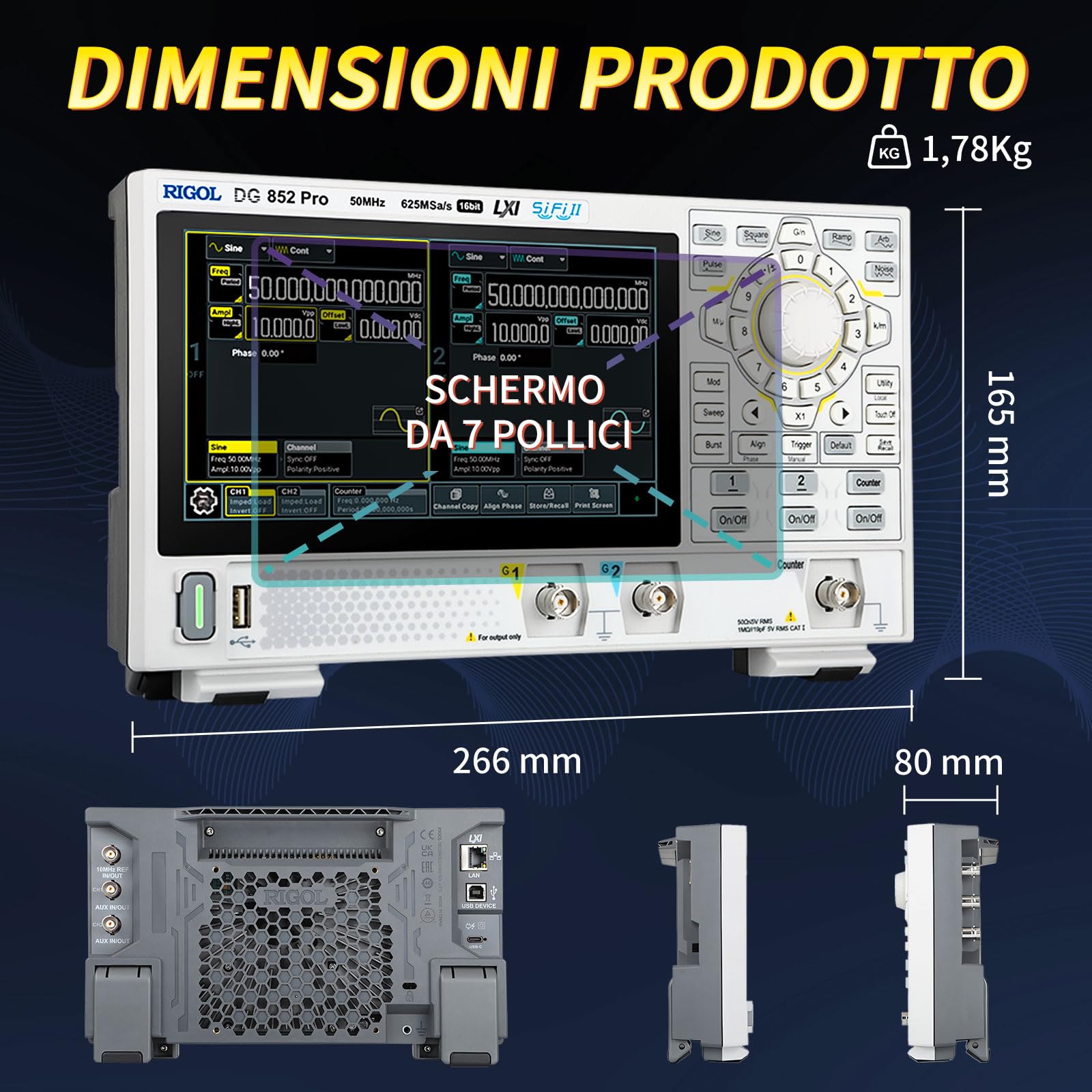 RIGOL Generatore di Segnale,DG852 Pro Generatore di Funzioni,50 MHz,2 Canale,Risoluzione a 16 bit,Schermo touchscreen HD da 7",Ultra-portatile,Perfetto per test sul campo e didattica in laboratorio