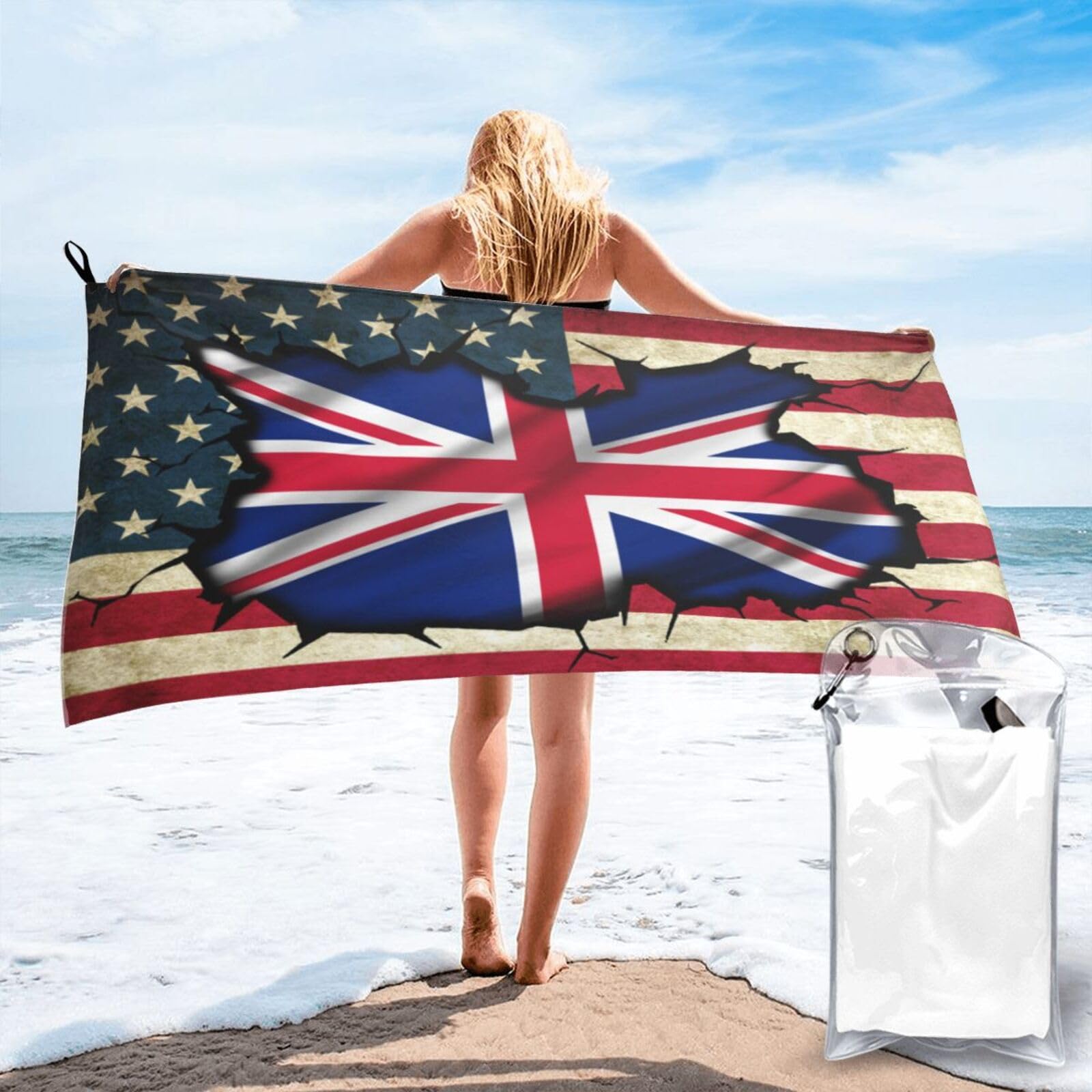 HACXZ Vintage America Flag and Britain Flag Absorbent Beach Towel Microfiber Beach Towel Lightweight 27.5"X55"