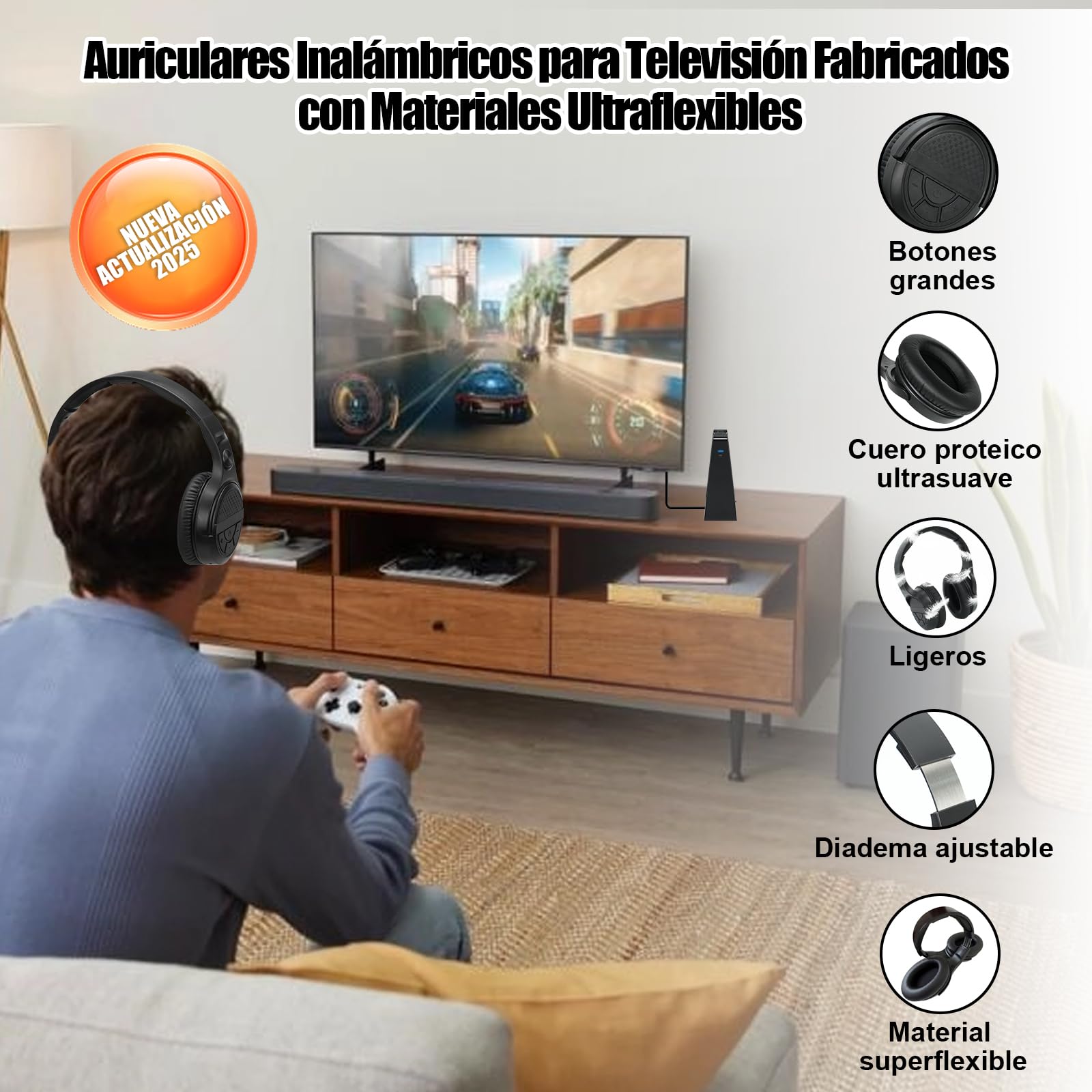 Auriculares Inalámbricos para TV con Base Transmisora de Carga, Auriculares Inalámbricos para ver la TV, Botones Grandes y Amplificación de Sonido para Personas Mayores, Auriculares Ligeros y Cómodos