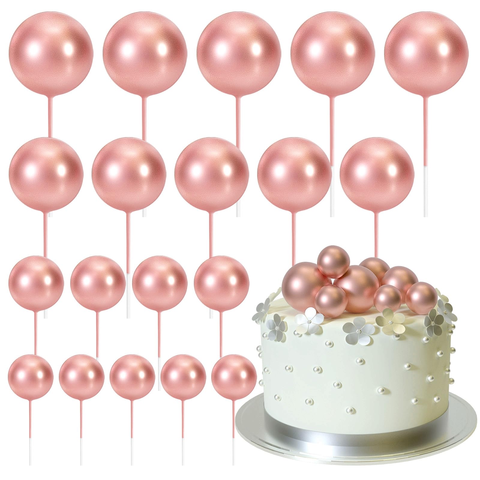ASTARON 20 Pcs Ball Cake Topper Decorations Mini Balloons Cake Topper Sticks Rose Gold Balls Cake Picks Cake Topper Balls Cake Decorations for Wedding
