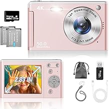 UHD 4K Digital Camera, Upgrade True 50MP Vlogging Camera with 32GB SD Card, 16X Zoom, 2.8'' IPS Screen, Anti-Shake, 2 Large Batteries, Compact Digital Camera for Kids Student Adult Beginner Pink